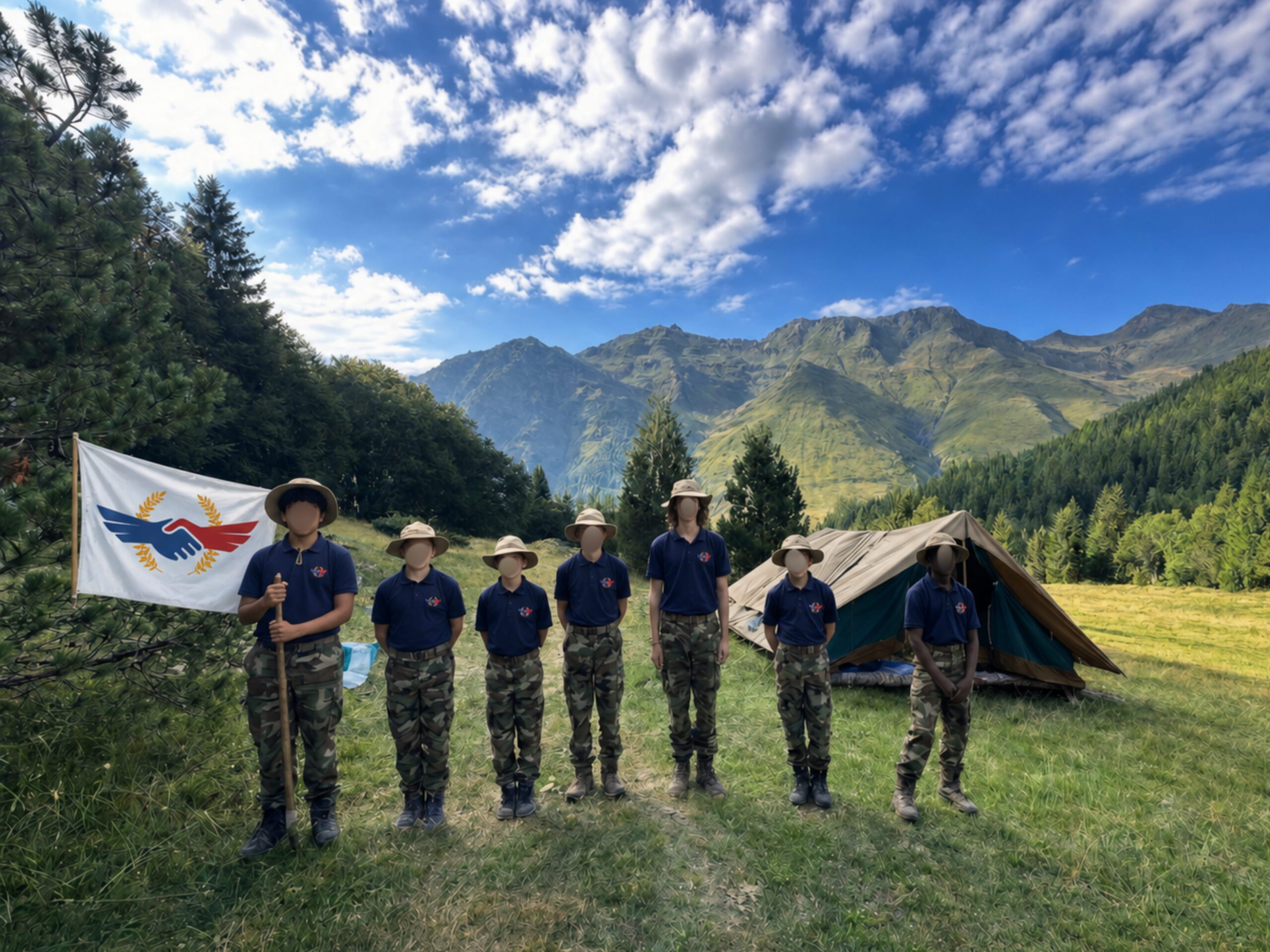 Jeunes en équipe devant les tentes au camp
