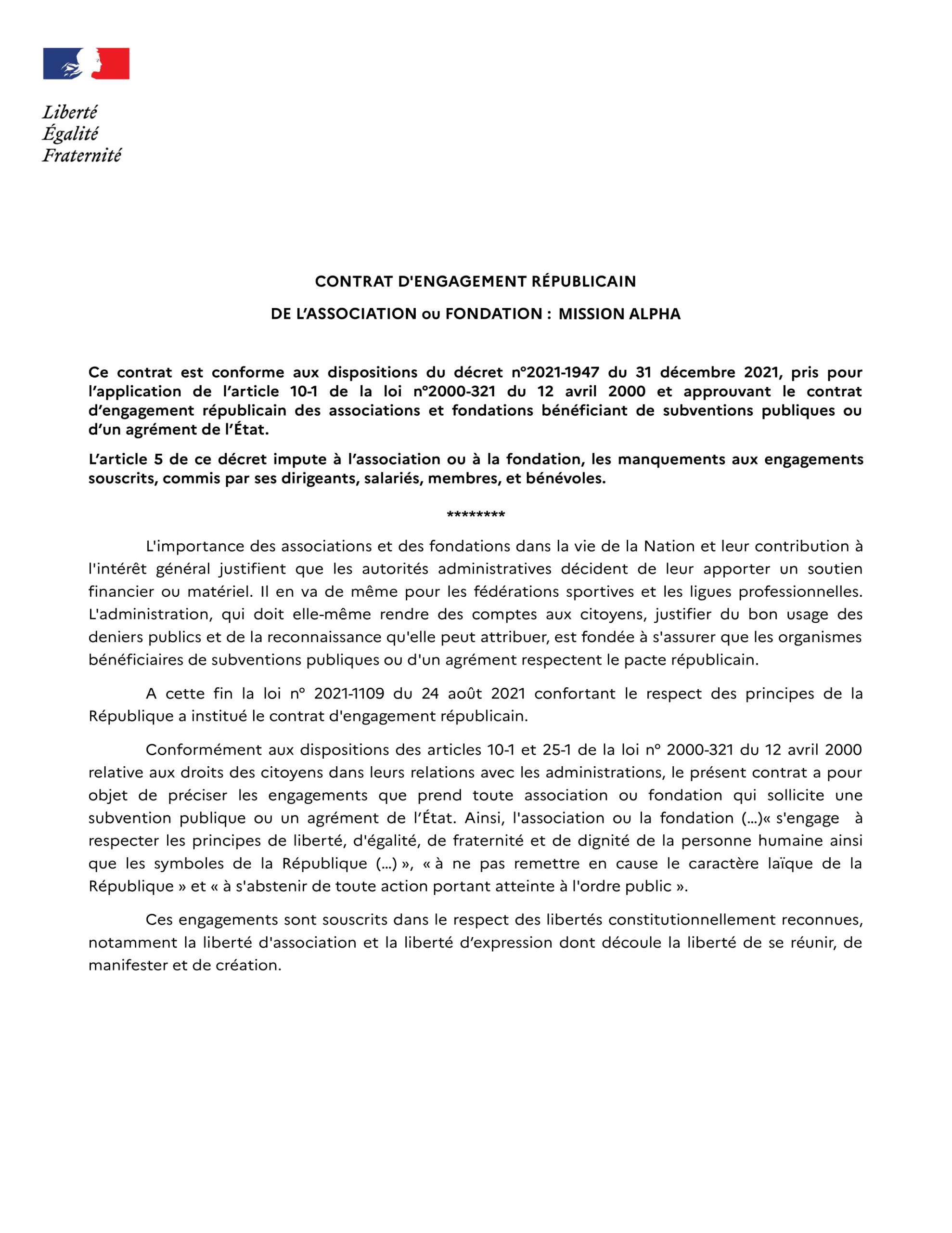 Page 1 sur 3 du contrat d'engagement républicain signé par Mission Alpha