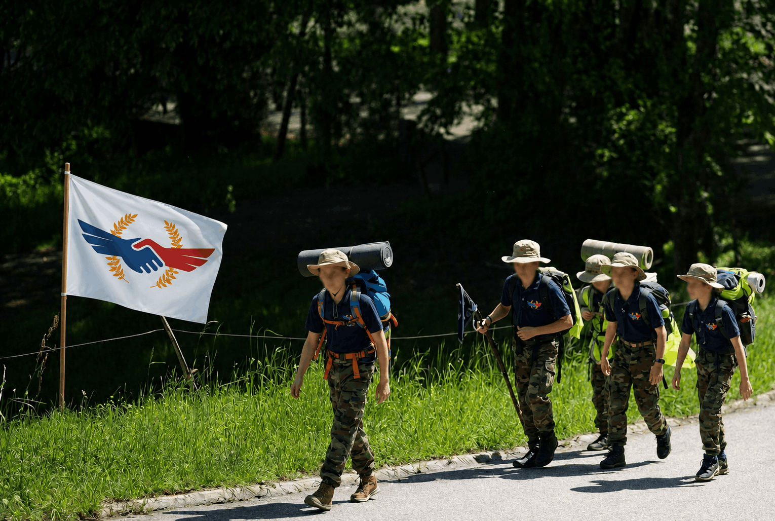 Marche en tenue camouflage vers le village voisin