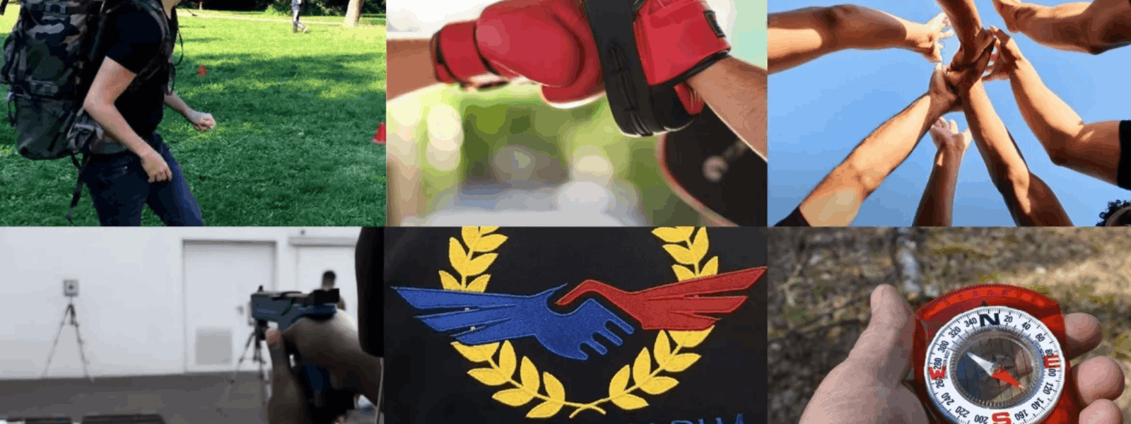 Mosaïque des activités Mission Alpha : marche en sac lesté, boxe, cohésion, tir de précision et orientation